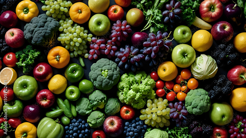variety and rainbow color of vegetables and fruits line on a table ...