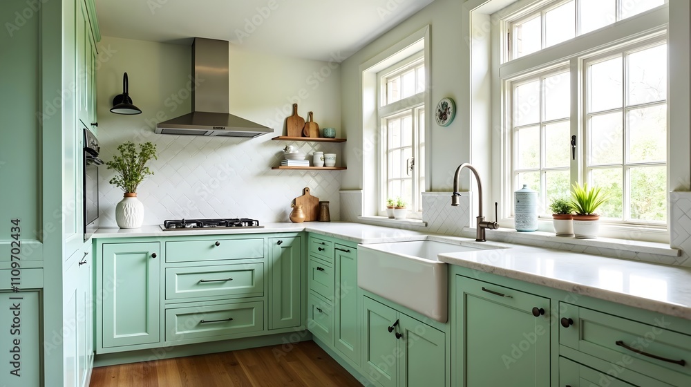 Modern Farmhouse Kitchen with Mint Green Cabinets and Rustic Charm (Interior Design) Modern Farmhouse Kitchen with Mint Green Cabinets and Rustic Charm (Interior Design)