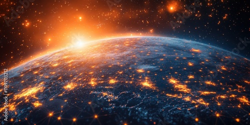 A stunning panoramic view of Earth illuminated by bright city lights from space. A modern and futuristic representation of our planet. Banner with space for text photo