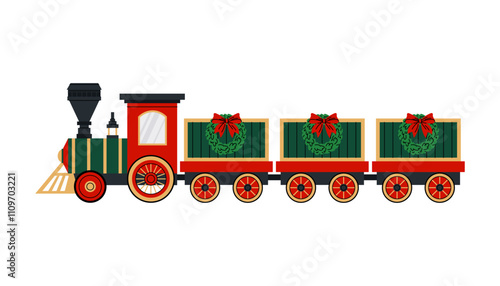 Train. Christmas train toy. Steam train with wagons decorated with Christmas wreaths and bows. Flat illustration on white background. 