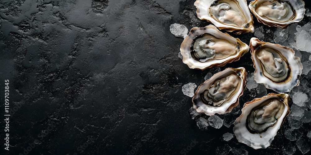 Fresh Oysters on Ice with Dark Background Fresh Oysters on Ice with Dark Background
