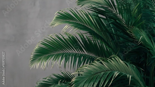 Close up view of palm leaves isolated on grey background