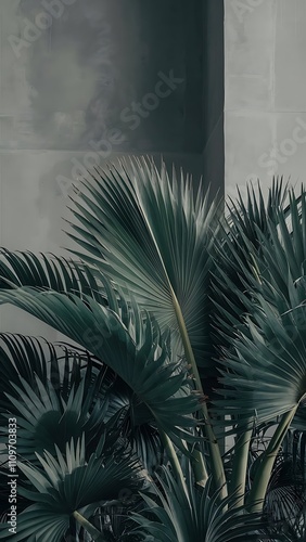Close up view of palm leaves isolated on grey background