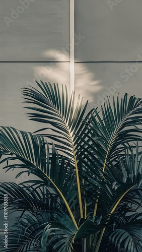 Close up view of palm leaves isolated on grey background