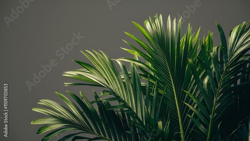 Close up view of palm leaves isolated on grey background