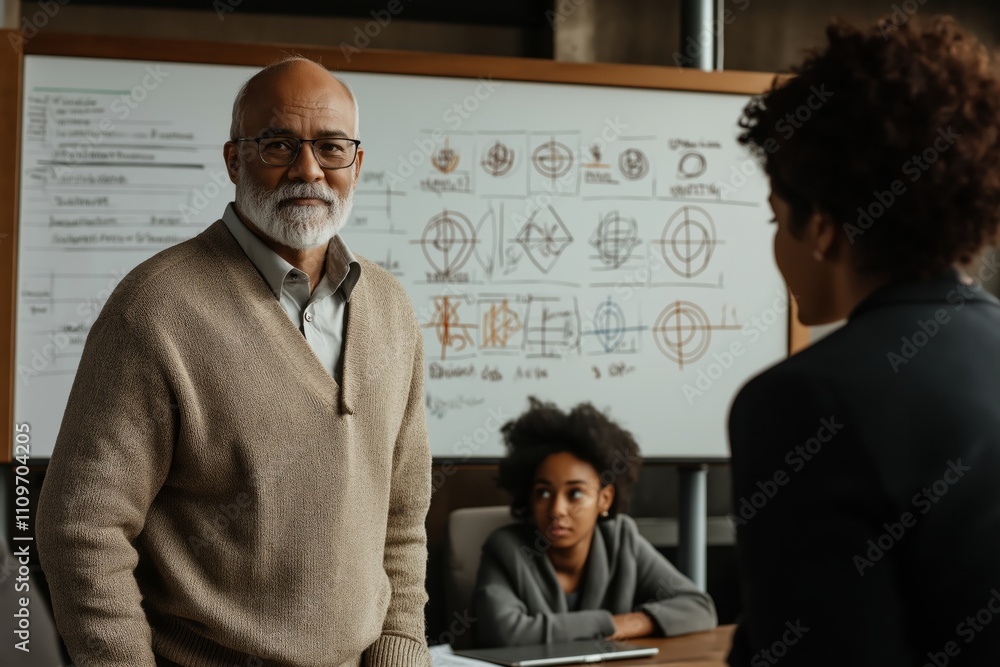 Middle-aged man teaches esoteric symbols and chakra diagrams to engaged audience in a cozy indoor setting Middle-aged man teaches esoteric symbols and chakra diagrams to engaged audience in a cozy indoor setting