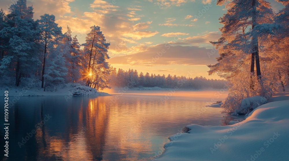 Sunset Over Snowy Forest and Frozen Lake Sunset Over Snowy Forest and Frozen Lake