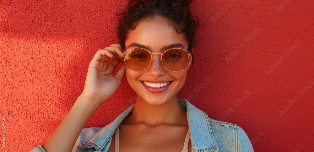 Smiling woman wearing sunglasses and denim jacket against vibrant red background, exuding confidence and summer vibes Smiling woman wearing sunglasses and denim jacket against vibrant red background, exuding confidence and summer vibes