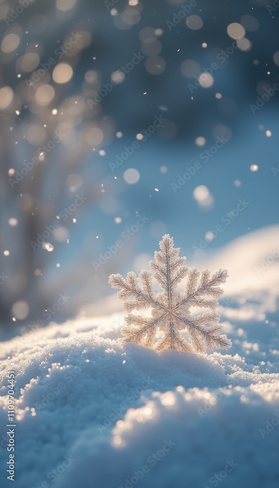 A stunning snowflake stands majestically atop a blanket of soft, glistening snow, illuminated by a gentle, ethereal light. The scene is filled with swirling snowflakes dancing in the air, creating a A stunning snowflake stands majestically atop a blanket of soft, glistening snow, illuminated by a gentle, ethereal light. The scene is filled with swirling snowflakes dancing in the air, creating a