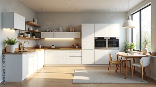 Wallpaper Mural Minimalist White Kitchen with Wooden Countertops (Interior Design) Torontodigital.ca