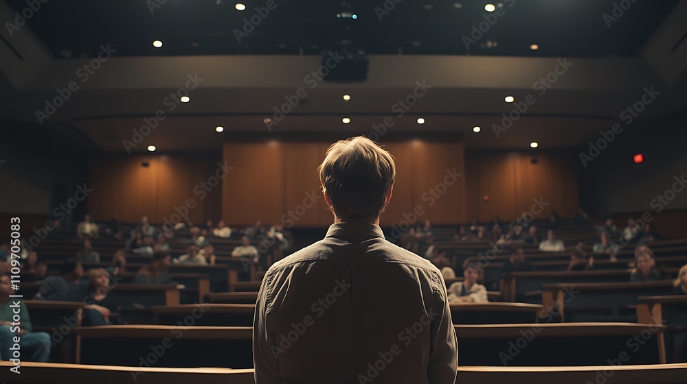 Man giving presentation to large audience in auditorium. Man giving presentation to large audience in auditorium.