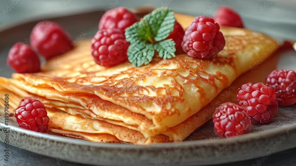 A detailed close-up of fluffy pancakes topped with fresh raspberries. A delicious and inviting concept for breakfast or recipes. Banner with space for text A detailed close-up of fluffy pancakes topped with fresh raspberries. A delicious and inviting concept for breakfast or recipes. Banner with space for text