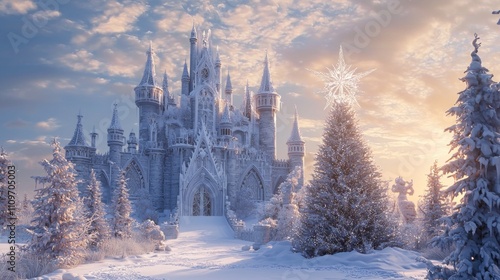 Enchanting Winter Wonderland: Snow-Covered Ancient Castle with Ice Sculptures and Christmas Tree at Twilight