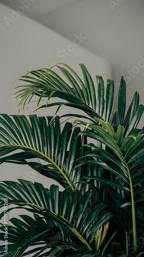Close up view of palm leaves isolated on grey background
