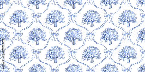 Blue coquette bow and flowers. Floral damask seamless pattern for fabric, wallpaper, cover, wrapping paper. Botanical classic elegance print Vector isolated on white background