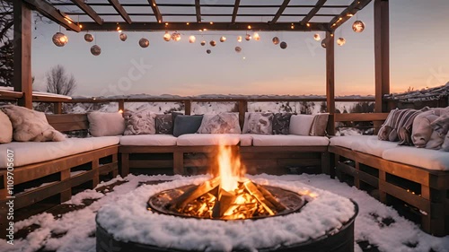 Cozy Winter Terrace With A Fireplace And A Mountain View