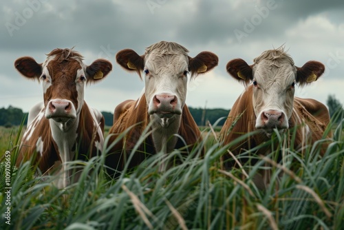 3 curious cows in a green grass pasture in Sassenheim the Netherlands. photo