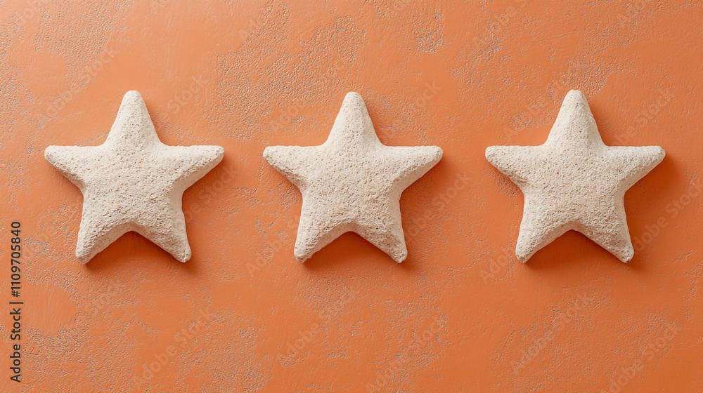 Three Beige Star Decorations on Orange Background Rating Review Award Concept Three Beige Star Decorations on Orange Background Rating Review Award Concept