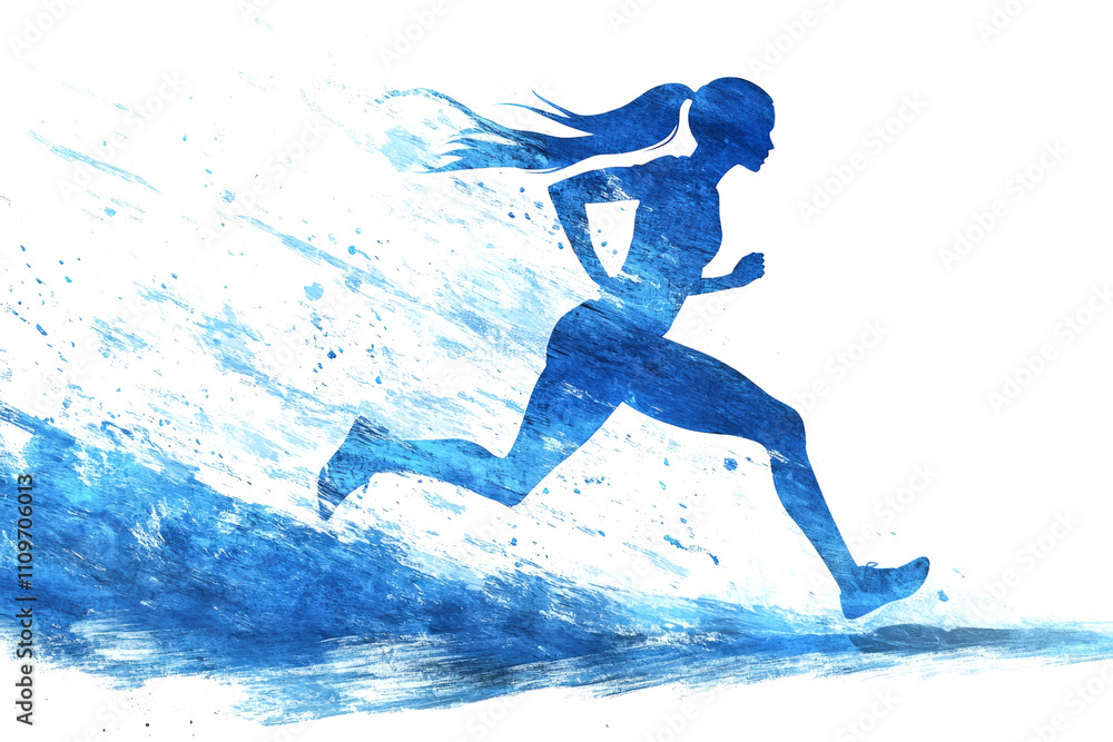 Naklejka premium Energetic woman is sprinting, surrounded by vibrant blue watercolor splashes, symbolizing speed, determination, and athleticism