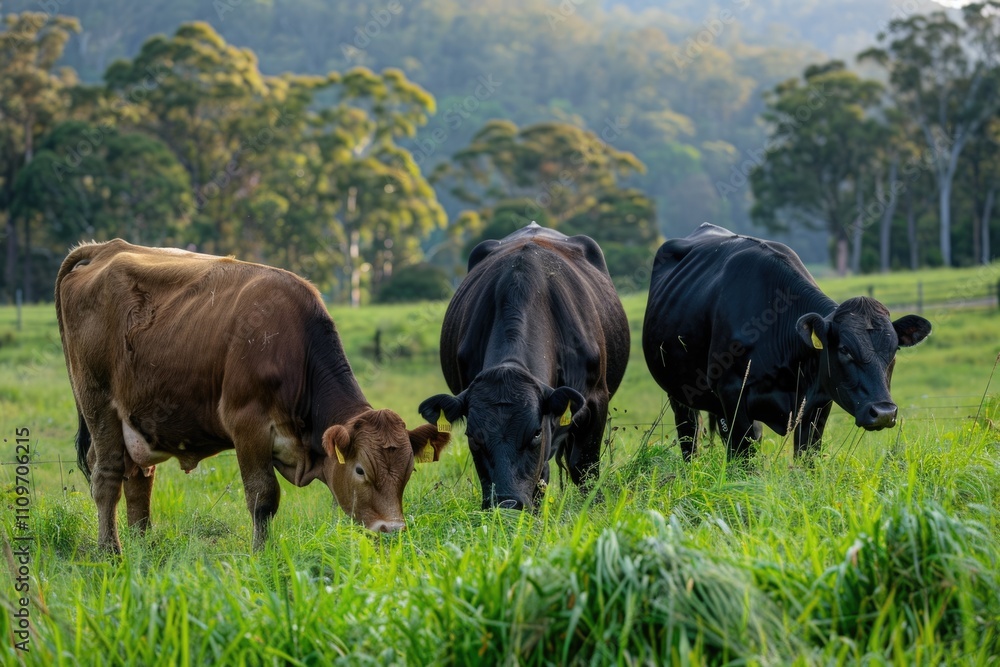 Australian beef cattle farm with cows and calves grazing. Australian beef cattle farm with cows and calves grazing.