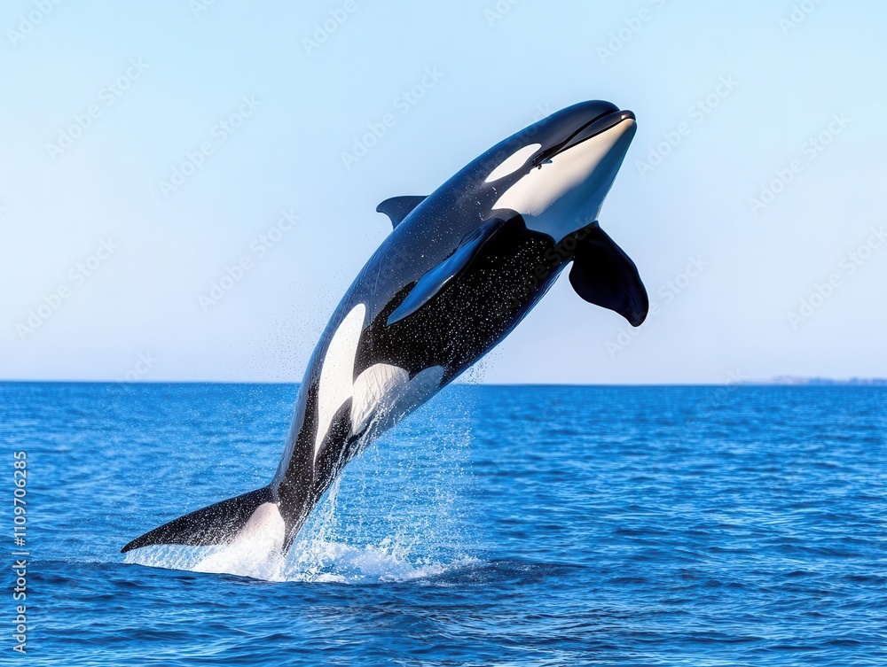 Fototapeta premium Aquarell Style Motive of an orca whale jumping out of the ocean, light background