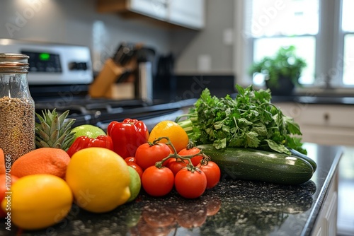 Fototapeta Naklejka Na Ścianę i Meble -  Vibrant fruits and vegetables sit on a kitchen counter, embodying healthy eating and home cooking