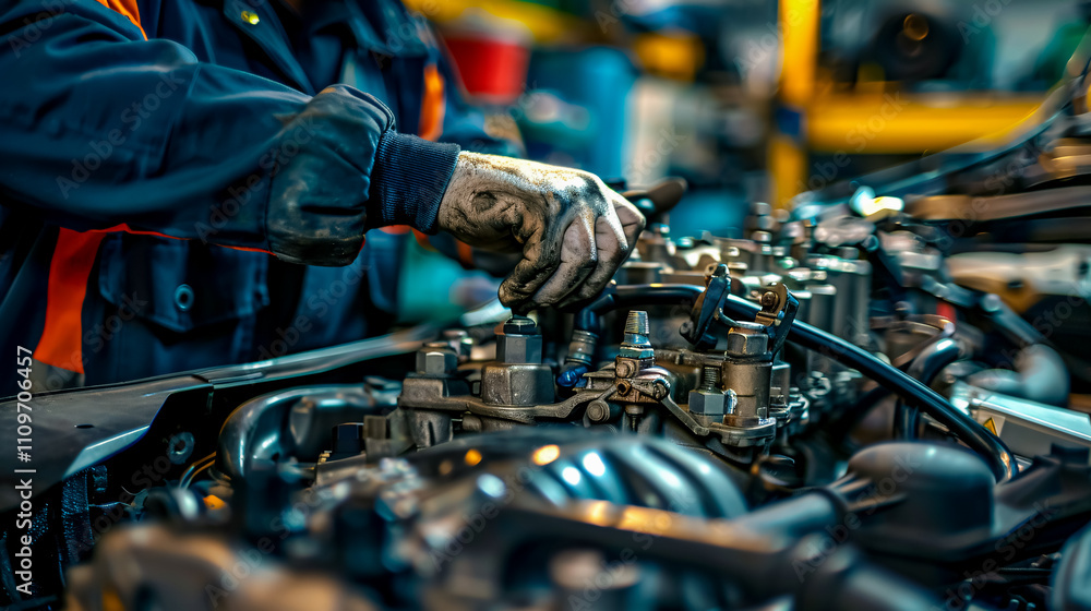 Sealing gasket in hand: Mechanic disassembling an engine block. Engine on a repair stand with piston and connecting rod of automotive technology. Interior of a car repair shop. Sealing gasket in hand: Mechanic disassembling an engine block. Engine on a repair stand with piston and connecting rod of automotive technology. Interior of a car repair shop.