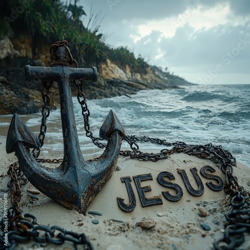 A rusty anchor lies on a beach with the word 