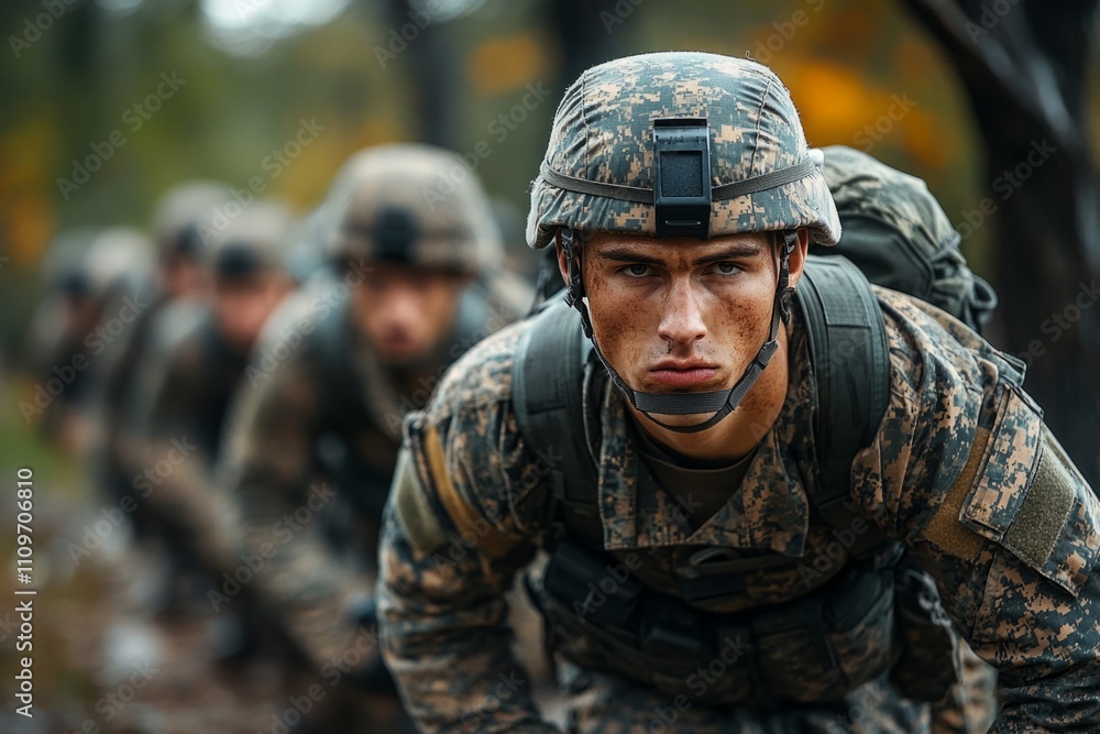 Obraz premium Soldiers are crawling on the ground during a military training exercise