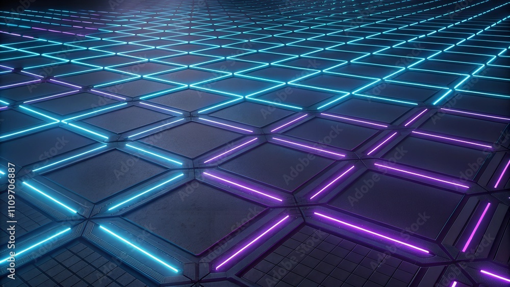 Obraz premium Futuristic neon grid floor with blue and purple glowing lines