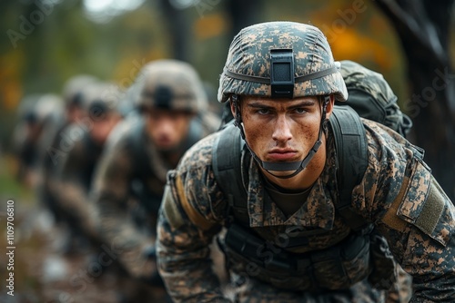 Soldiers are crawling on the ground during a military training exercise