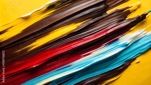 Vibrant abstract paint strokes in bold colors on a yellow background