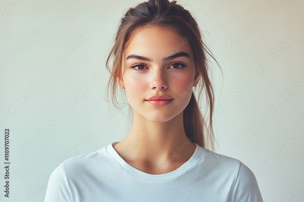 Clean and modern shot of a female model in a white t-shirt, isolated on a light background, realistic HD Clean and modern shot of a female model in a white t-shirt, isolated on a light background, realistic HD