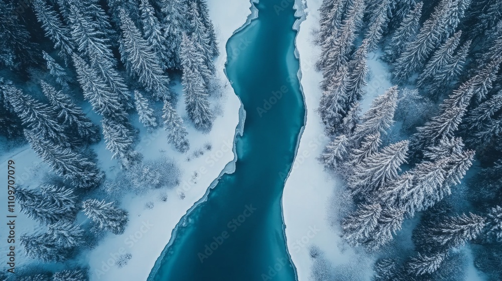 Fototapeta premium Aerial View of a Winding River Through a Snowy Forest