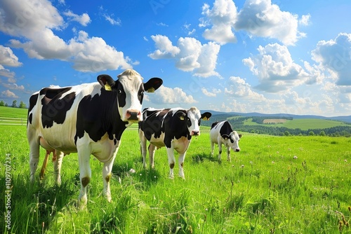 Cows Cows on a green field and blue sky. Cows on a green field and blue sky.