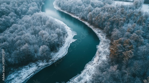 Wallpaper Mural Aerial View of a River Winding Through a Snowy Forest Torontodigital.ca
