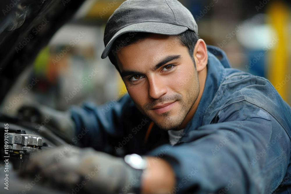 Young mechanic working on vehicle motor in auto repair shop Young mechanic working on vehicle motor in auto repair shop