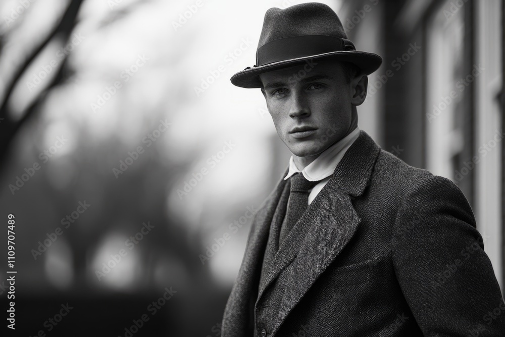 Black and white portrait of a businessman wearing a suit and hat in a retro style Black and white portrait of a businessman wearing a suit and hat in a retro style