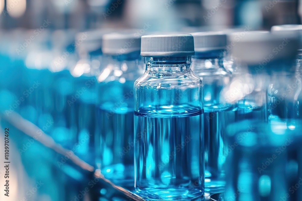 Conveyor line machine with glass ampoules at pharmaceutical factory Conveyor line machine with glass ampoules at pharmaceutical factory