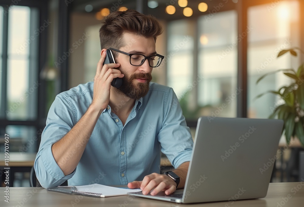 A young man with a stylish beard and glasses is intently speaking on the phone while working on his laptop in a modern office setting. The warm glow of ambient lighting enhances the atmosphere A young man with a stylish beard and glasses is intently speaking on the phone while working on his laptop in a modern office setting. The warm glow of ambient lighting enhances the atmosphere