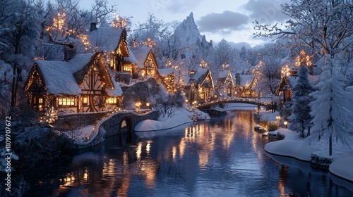 Enchanting Snowy Village at Dusk with Festive Fantasy Creatures and Cozy Cottages Illuminated by Warm Lights