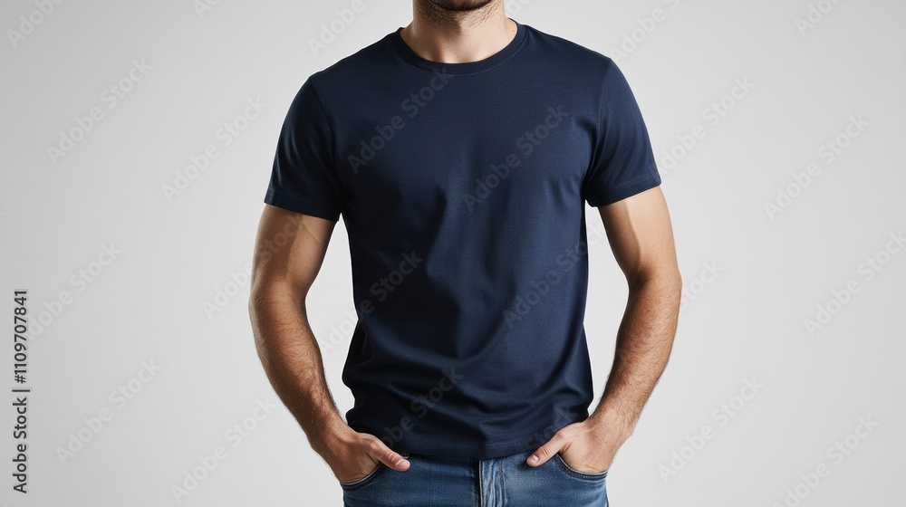 Casual Young Man in Navy Blue T-Shirt Posing Confidently Against a Neutral Background for Fashion and Lifestyle Photography Casual Young Man in Navy Blue T-Shirt Posing Confidently Against a Neutral Background for Fashion and Lifestyle Photography