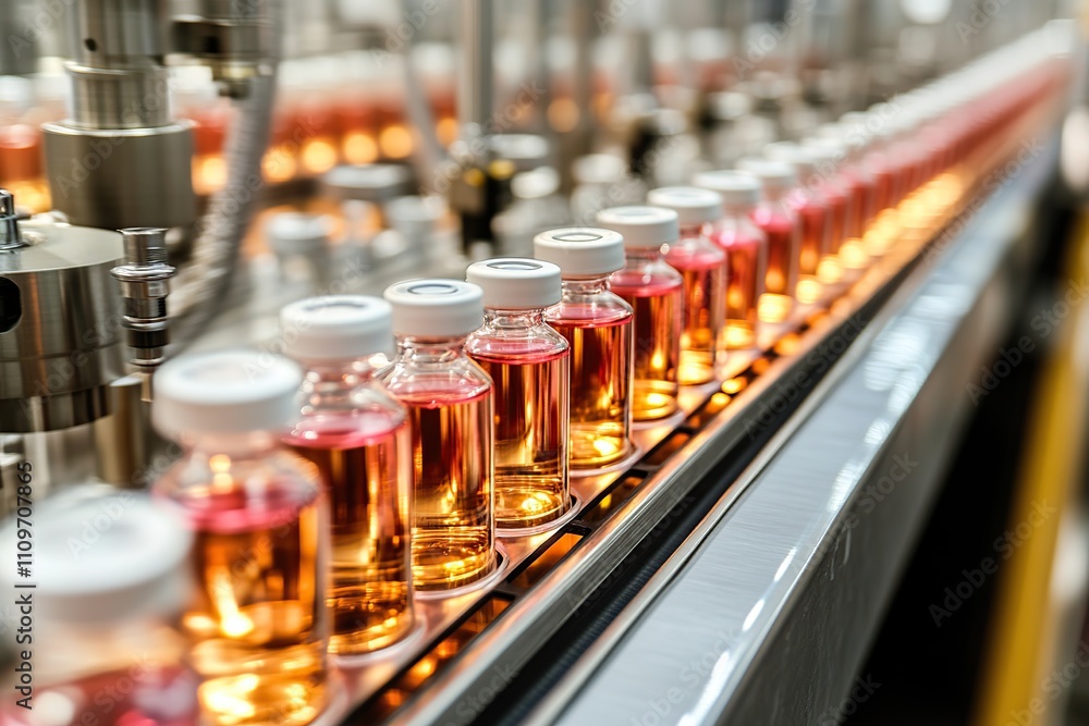 Conveyor line machine with glass ampoules at pharmaceutical factory Conveyor line machine with glass ampoules at pharmaceutical factory