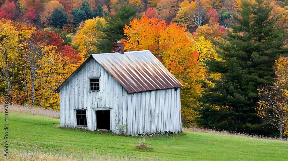 Rustic Red Barn House in Autumn Landscape with Green Grass and Trees Rustic Red Barn House in Autumn Landscape with Green Grass and Trees