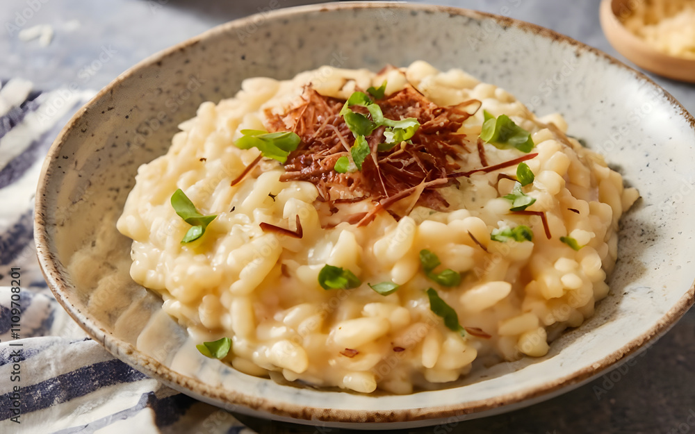 A close-up of creamy truffle risotto topped with fresh parmesan shavings. A close-up of creamy truffle risotto topped with fresh parmesan shavings.