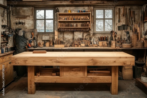 Solid oak workbench taking center stage in a vintage carpentry workshop, surrounded by tools and equipment
