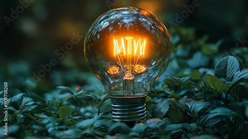 A glowing lightbulb placed against a backdrop of vibrant green leaves. A creative concept combining technology, science, and ecology. Perfect for themes of innovation and ideas photo