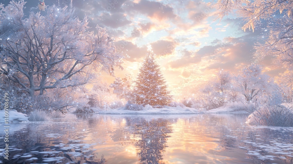 Enchanted Winter Pond with Giant Christmas Tree Reflection at Dawn - Ultra-Detailed Fantasy Landscape with Magical Creatures Enchanted Winter Pond with Giant Christmas Tree Reflection at Dawn - Ultra-Detailed Fantasy Landscape with Magical Creatures