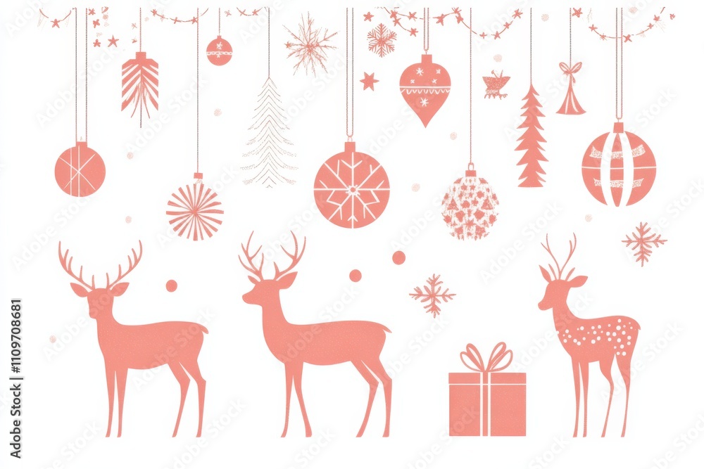 Charming Christmas-themed illustration with pink reindeer and festive ornaments on a snowy background Charming Christmas-themed illustration with pink reindeer and festive ornaments on a snowy background