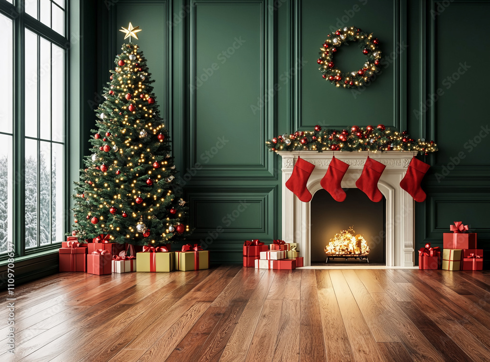 Fototapeta premium Cozy Christmas living room with a decorated tree, glowing fireplace, and festive decorations